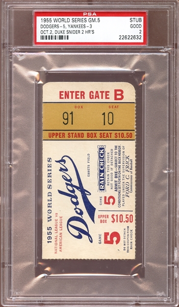 1955 World Series Game 5 Ticket Stub Snider 2 Home Runs PSA GOOD 2