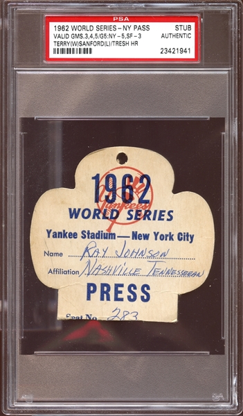 1962 World Series Yankee Stadium Press Pass Stub PSA AUTHENTIC
