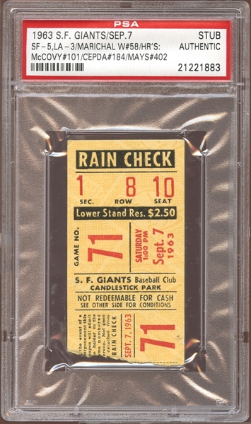 1963 San Francisco Giants Ticket Stub Willie Mays Home Run #402 PSA AUTHENTIC