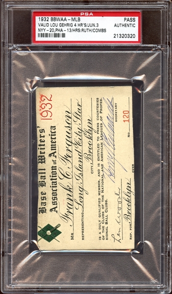 1932 BBWAA MLB Press Pass PSA AUTHENTIC