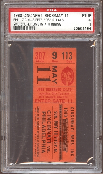 1980 Cincinnati Reds Ticket Stub Pete Rose Steals Second, Third and Home in 7th Inning PSA AUTHENTIC