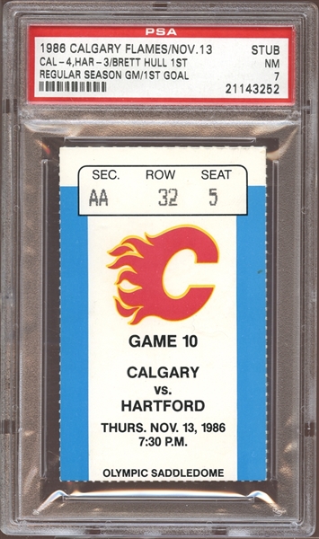 1986 Calgary Flames Ticket Stub Brett Hull First Game and First Goal PSA 7 NM