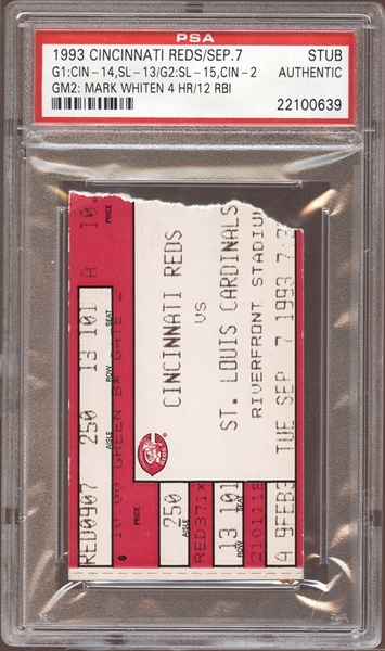 1993 Cincinnati Reds Ticket Stub Mark Whiten 4 Home Runs and 12 RBI PSA AUTHENTIC