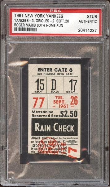 1961 New York Yankees Ticket Stub Roger Maris 60th Home Run PSA AUTHENTIC