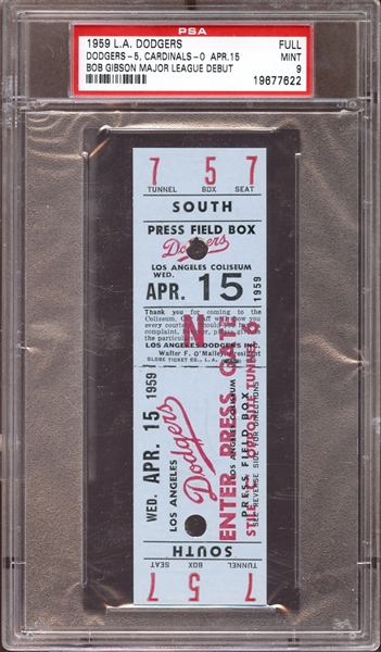 1959 Los Angeles Dodgers Full Ticket Bob Gibson Major League Debut PSA 9 MINT