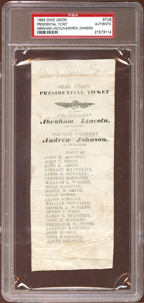 1864 Abraham Lincoln Ohio Union Presidential Ticket Stub PSA AUTHENTIC