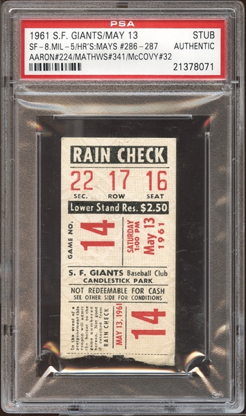 1961 San Francisco Giants Ticket Stub Mays (2), Aaron, Mathews and McCovey Home Runs PSA AUTHENTIC