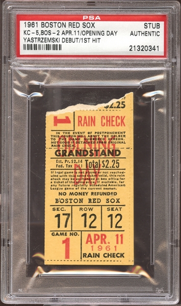 1961 Boston Red Sox Ticket Stub Carl Yastrzemski MLB Debut and 1st Hit PSA AUTHENTIC