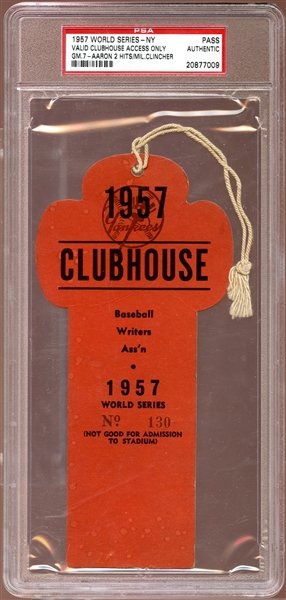 1957 World Series New York Clubhouse Press Pass PSA AUTHENTIC