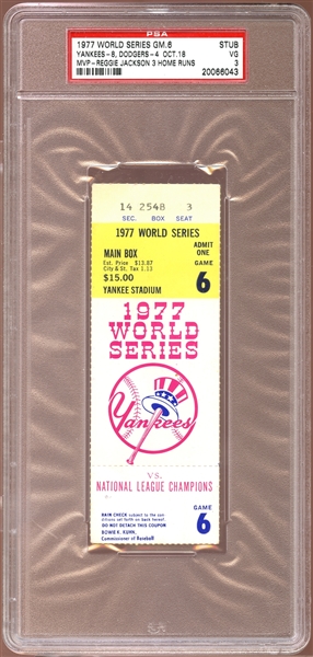 1977 World Series Game 6 Ticket Stub Reggie Jackson 3 Home Runs PSA 3 VG