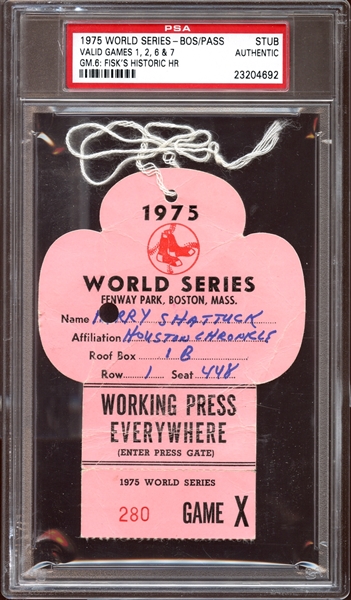 1975 World Series Boston Press Pass Stub Fisk Home Run Game 6  PSA AUTHENTIC