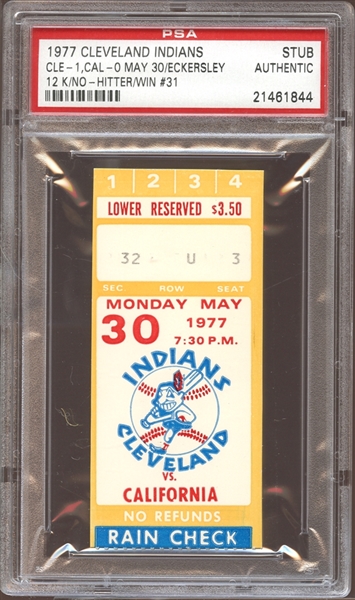1977 Cleveland Indians Ticket Stub Eckersley No-Hitter PSA AUTHENTIC