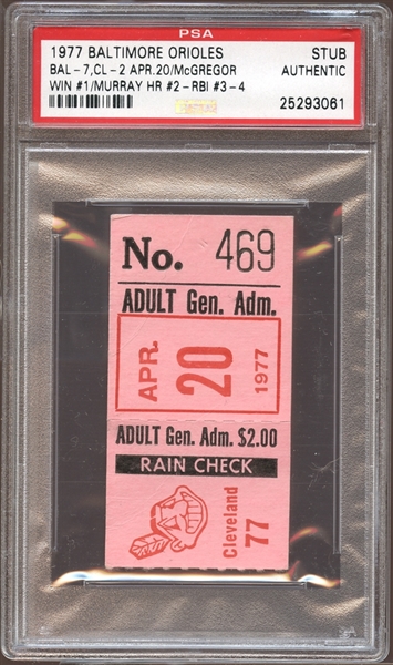 1977 Baltimore Orioles Ticket Stub Eddie Murray Home Run #2 PSA AUTHENTIC