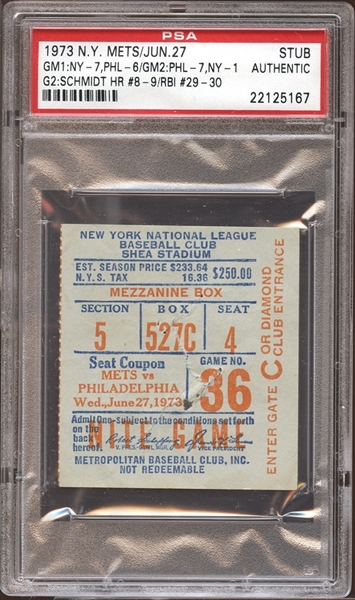 1973 New York Mets Ticket Stub Mike Schmidt Home Run #8 and #9 PSA AUTHENTIC
