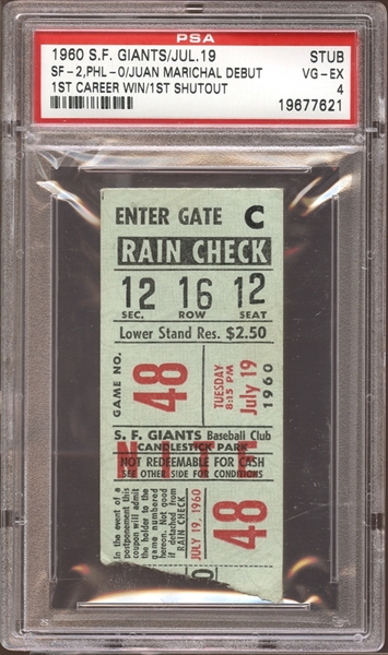 1960 San Francisco Giants Ticket Stub Juan Marichal MLB Debut 1st Win and 1st Shutout PSA 4 VG/EX