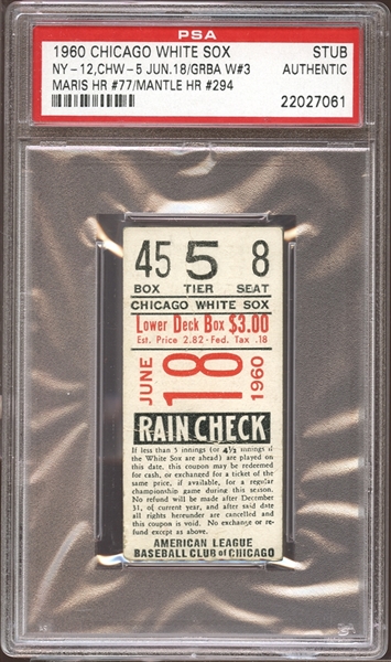 1960 Chicago White Sox Ticket Stub Mantle and Maris Home Runs PSA AUTHENTIC