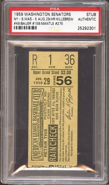 1959 Washington Senators Ticket Stub Killebrew/Bauer/Mantle Home Runs PSA AUTHENTIC