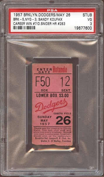1957 Brooklyn Dodgers Ticket Stub Koufax Win #7 Snider Home Run PSA 3 VG