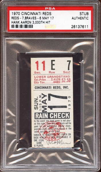 1970 Cincinnati Reds Ticket Stub Hank Aaron 3000th Hit PSA AUTHENTIC