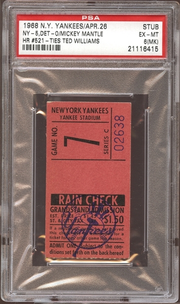 1968 New York Yankees Ticket Stub Mickey Mantle Home Run #521-Ties Ted Williams PSA 6 EX/MT (MK)