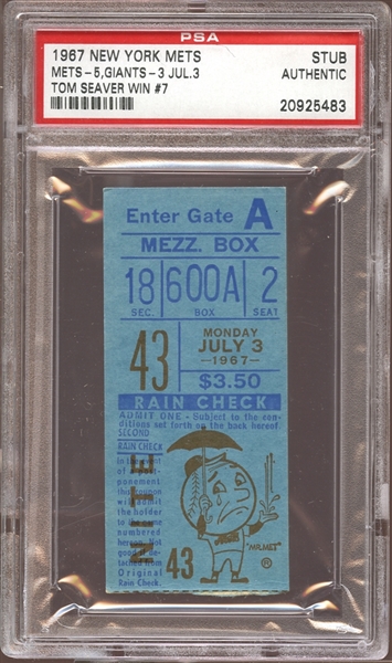 1967 New York Mets Ticket Stub Tom Seaver Win #7 PSA AUTHENTIC