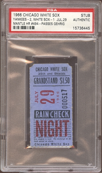 1966 Chicago White Sox Ticket Stub Mickey Mantle Home Run #494 Passes Gehrig PSA AUTHENTIC