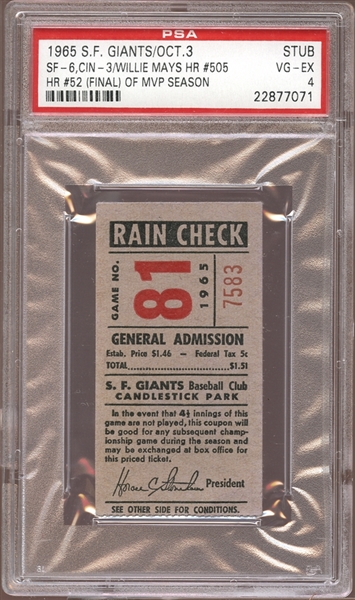 1965 San Francisco Giants Ticket Stub Willie Mays Home Run #505 PSA 4 VG/EX