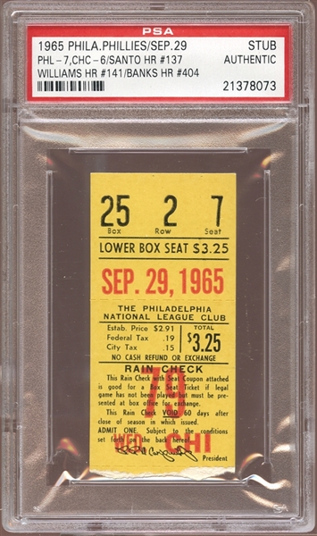1965 Philadelphia Phillies Ticket Stub Ernie Banks Home Run #404 PSA AUTHENTIC