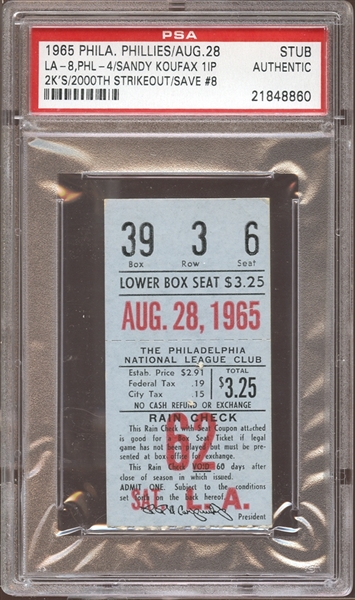 1965 Philadelphia Phillies Ticket Stub Sandy Koufax 2000th Strikeout PSA AUTHENTIC
