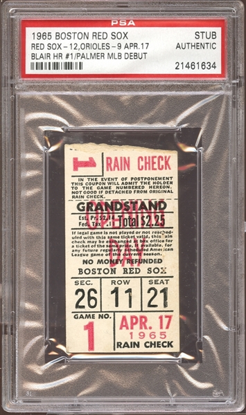 1965 Boston Red Sox Ticket Stub Jim Palmer MLB Debut PSA AUTHENTIC
