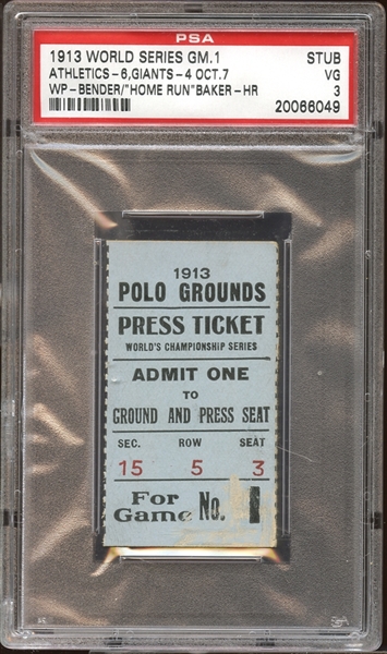 1913 World Series Game 1 Ticket Stub PSA 3 VG