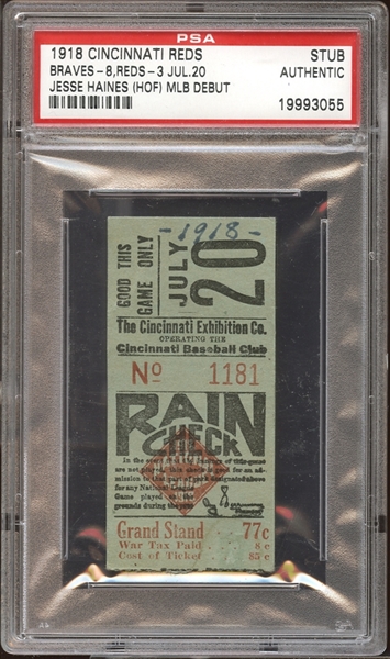 1918 Cincinnati Reds Ticket Stub Jesse Haines MLB Debut PSA AUTHENTIC