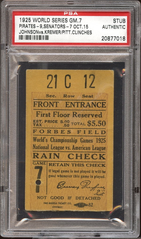 Lot Detail - 1925 World Series Game 7 Ticket Stub PSA AUTHENTIC