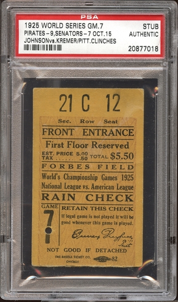 1925 World Series Game 7 Ticket Stub PSA AUTHENTIC