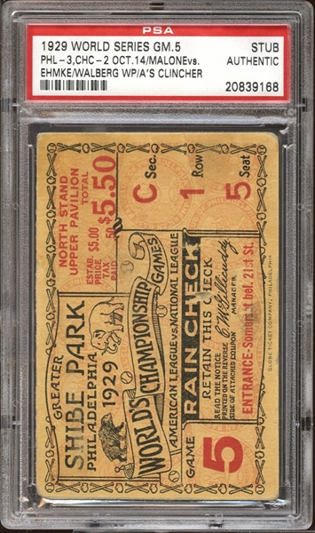 1929 World Series Game 5 Ticket Stub PSA AUTHENTIC