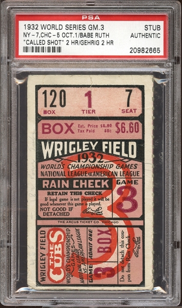1932 World Series Game 3 Ticket Stub Babe Ruth Called Shot PSA AUTHENTIC