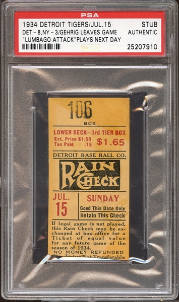 1934 Detroit Tigers Ticket Stub Lou Gehrig "Lumbago Attack" Leaves Game PSA AUTHENTIC