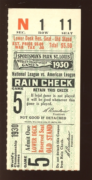 1930 World Series Game 5 Ticket Stub Jimmie Foxx Home Run