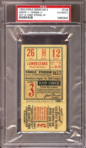 1923 World Series Game 3 Ticket Stub Casey Stengel Home Run PSA AUTHENTIC