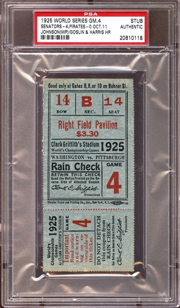 1925 World Series Game 4 Ticket Stub PSA AUTHENTIC