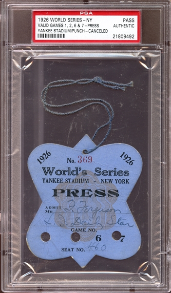 1926 World Series Yankee Stadium Press Pass Canceled PSA AUTHENTIC