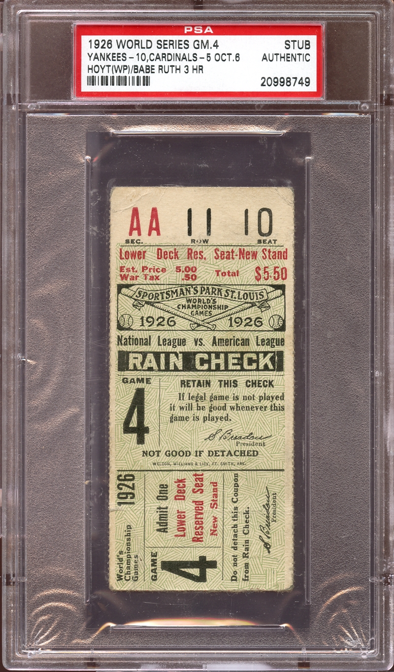 Lot Detail - 1926 World Series Game 4 Ticket Stub Babe Ruth 3 Home Runs PSA AUTHENTIC