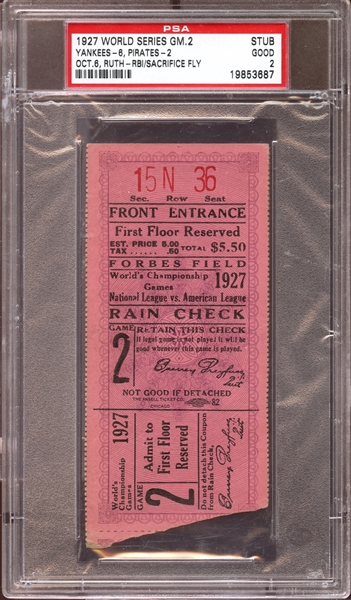 1927 World Series Game 2 Ticket Stub PSA 2 GOOD