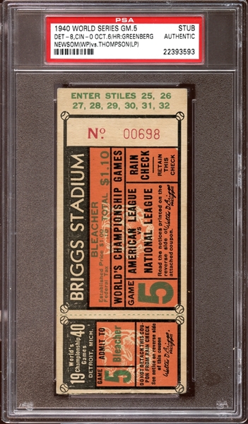 1940 World Series Game 5 Ticket Stub Hank Greenberg Home Run PSA AUTHENTIC