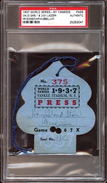 1937 World Series Yankee Stadium Press Pass PSA AUTHENTIC