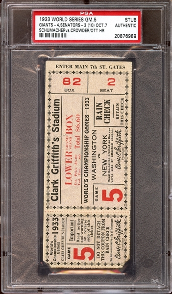 1933 World Series Game 5 Ticket Stub Mel Ott Home Run PSA AUTHENTIC