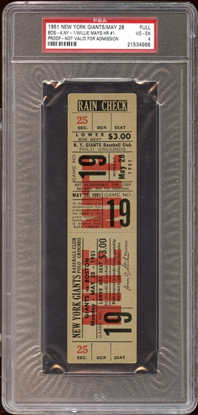 1951 New York Yankees May 28 Full Ticket Proof Willie Mays First Home Run PSA 4 VG/EX