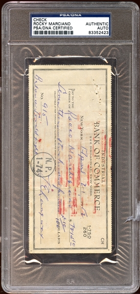 Rocco Marchegiano (Rocky Marciano) Endorsed Bank Check Payment for Savold Fight PSA/DNA AUTHENTIC