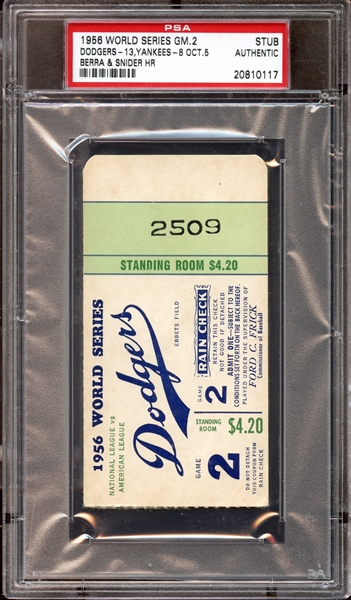1956 World Series Game 2 Ticket Stub Yogi Berra and Duke Snider Home Runs PSA AUTHENTIC