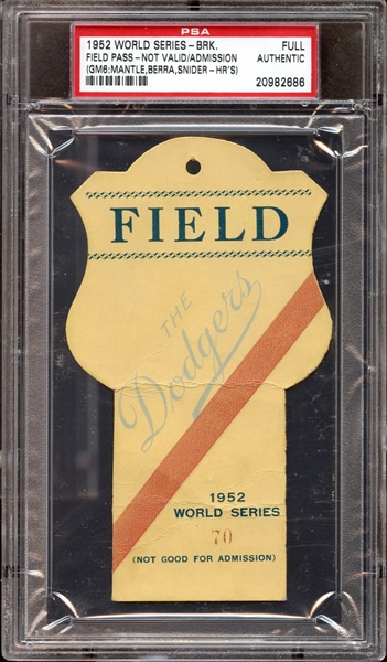 1952 World Series Brooklyn Full Field Pass PSA AUTHENTIC